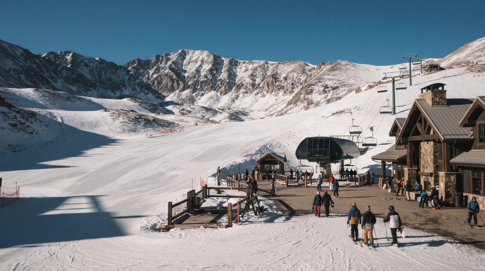 Slopeside lodges at the Peak 8 base in Breckenridge, Colorado, the cluster with genuine ski-in ski-out lodging