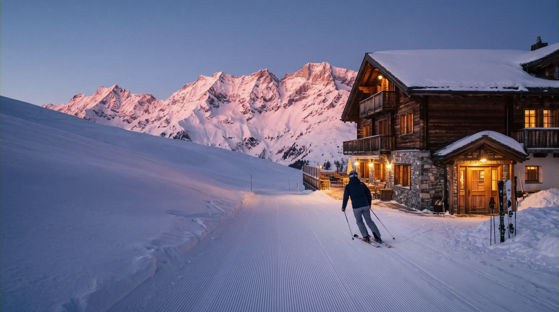A slopeside hotel at dusk with a groomed piste running to its door under alpenglow, the promise of ski-in ski-out resorts
