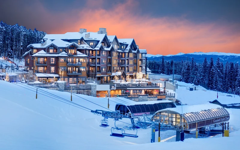 Grand Colorado on Peak 8 above its heated plaza and chairlifts, ski-in ski-out lodging in Breckenridge, Colorado