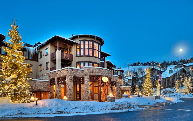 The Chateaux Deer Valley across the plaza from the Silver Lake Express lift near ski-in ski-out hotels in Park City, Utah