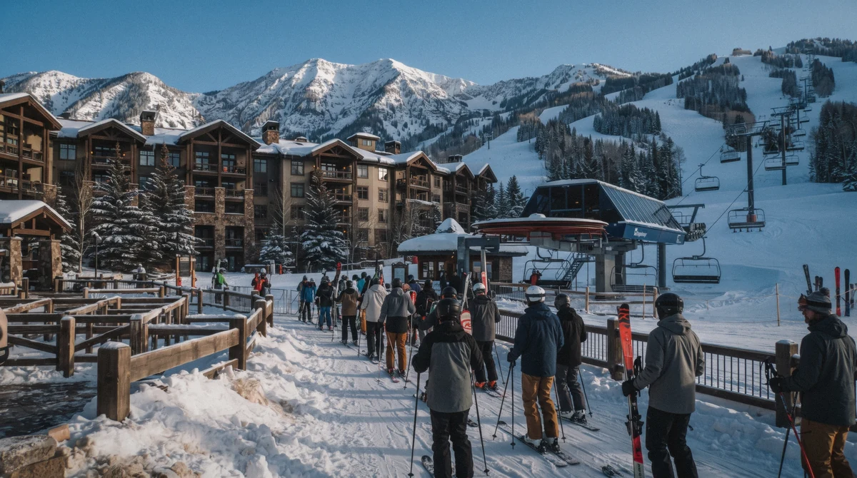 Skiers loading the six-seat chairlift at the Mountain Village base, the cluster of ski-in ski-out hotels in Park City, Utah