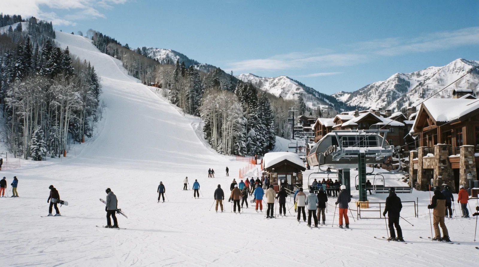 The Park City Mountain Village base plaza in winter, the cluster where ski-in ski-out hotels in Park City sit